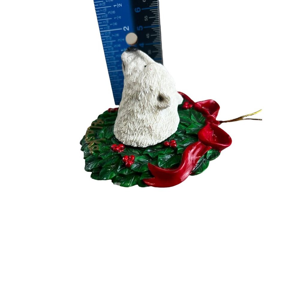 Polar Bear Christmas Ornament Alaska Wreath With Red Bow & Berries - White Green - Picture 8 of 8